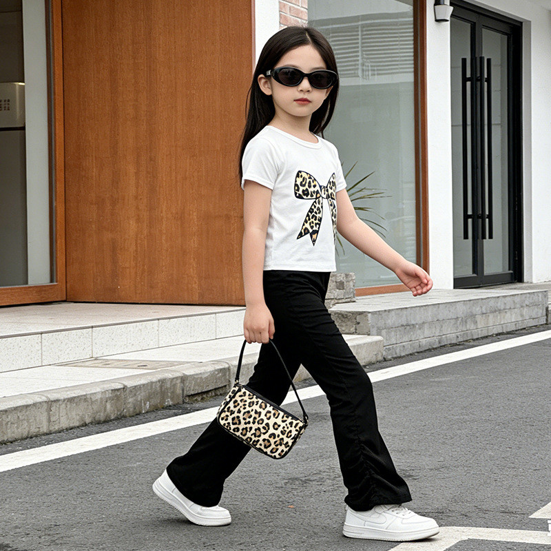 Pronto estoque 130-170CM meninas leopardo impressão arco terno médio grande crianças versão coreana moda fina camiseta c