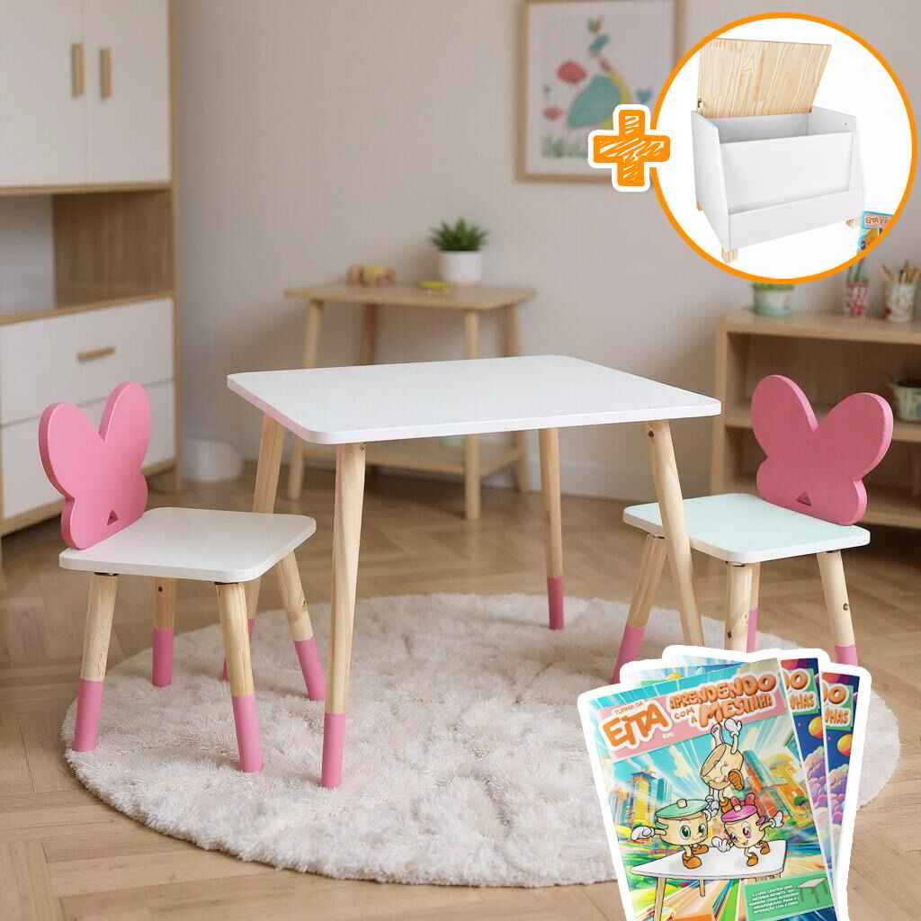Mesa e 2 Cadeiras Infantil Borboletinha e Baú Organizador Leiturinha G Mobiliário Quarto Organização Kit Livro Educativo