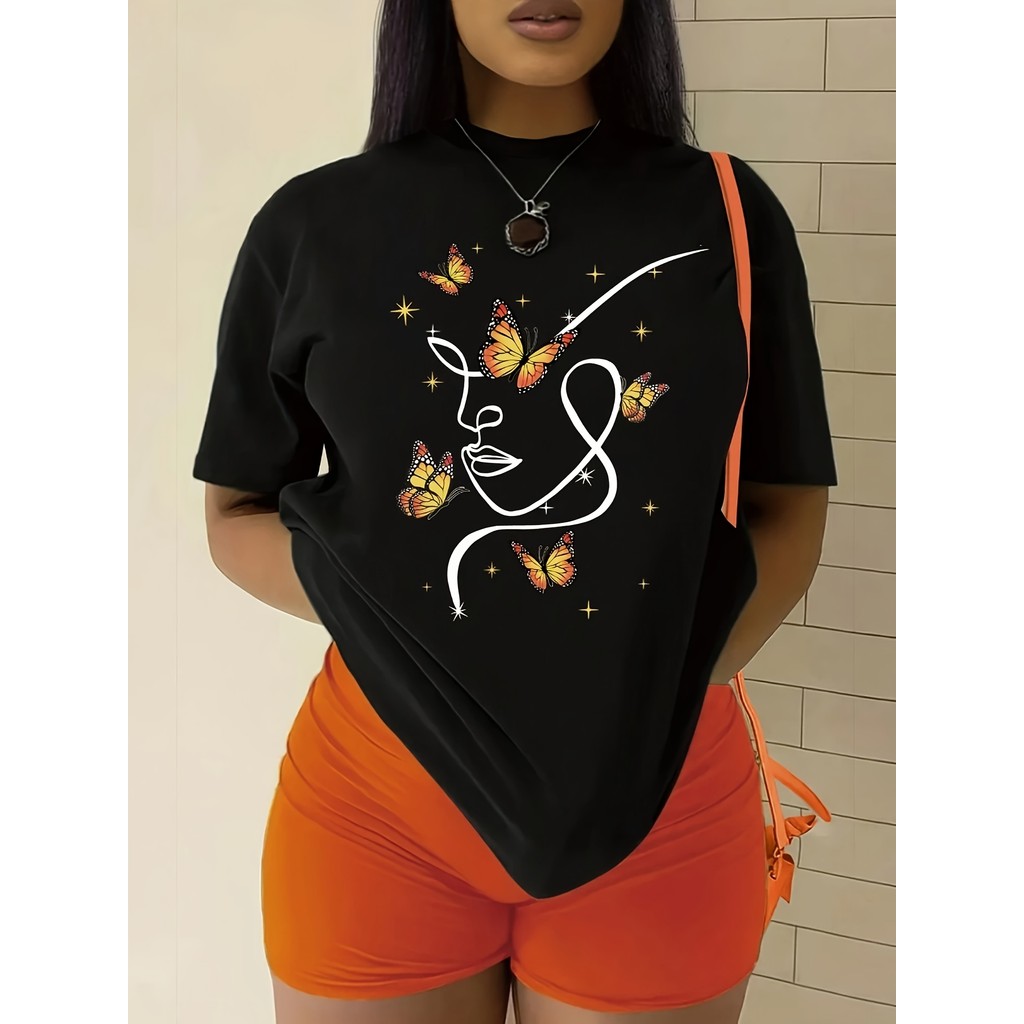 Camiseta Feminina Borboleta Padrão Linha Versátil Macia Esticavel Confortável Linda Estilosa Verão