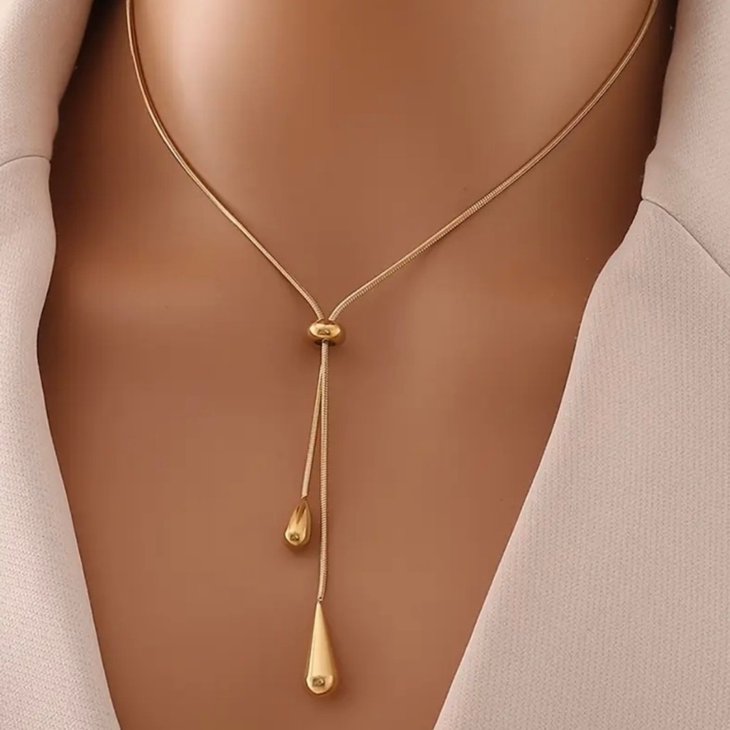 Colar Feminino Longo Regulável com Pingentes Gota – Corrente Fina Minimalista Ajustável Banhado a Ouro 18K e Prata 925