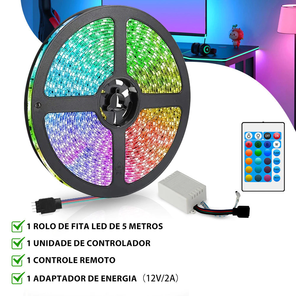 1/2/3/4 Fita Led Rgb 3528 Colorida 5m + Controle+Fonte 300 Led Decoração Casa Loja Gesso Teto Sanca Vitrine