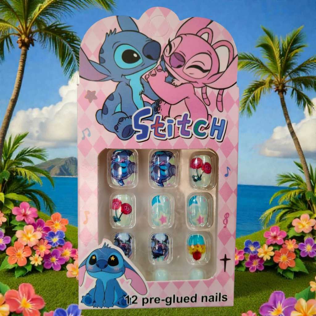 Unha Postiça + Adesivo DIupla face unhas decoradas Lilo Stich unhas moda de meninas kit infaltil