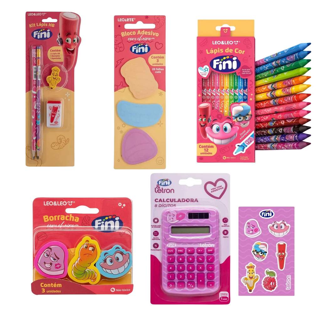 COMP Kit Escolar Fini: Lápis de Cor, Kit Lápis HB, Borracha Aromática, Bloco Adesivo e Calculadora