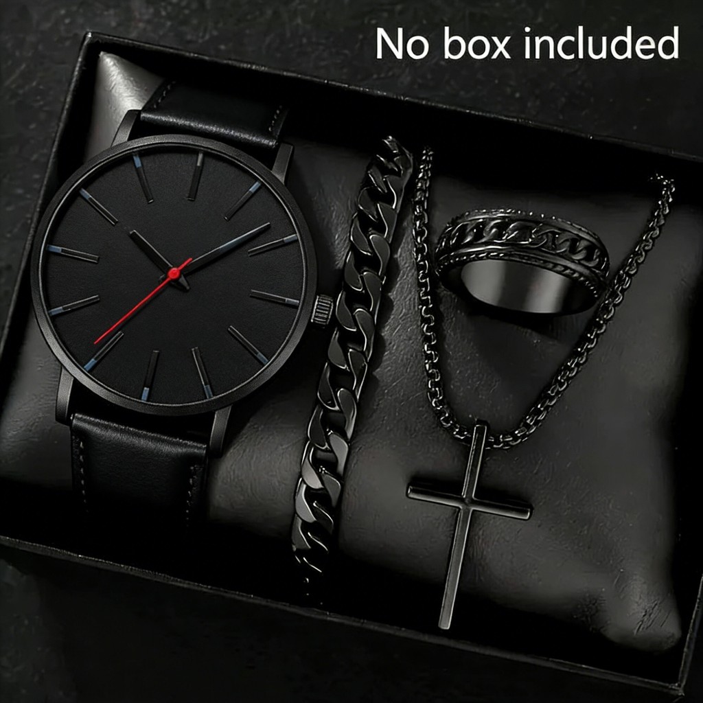 Kit Relógio Masculino 4 em 1 com Colar de Cruz Pulseira Preta Anel Estilo Urbano Luxo Acessórios Moda para Homens em Oferta na Shopee
