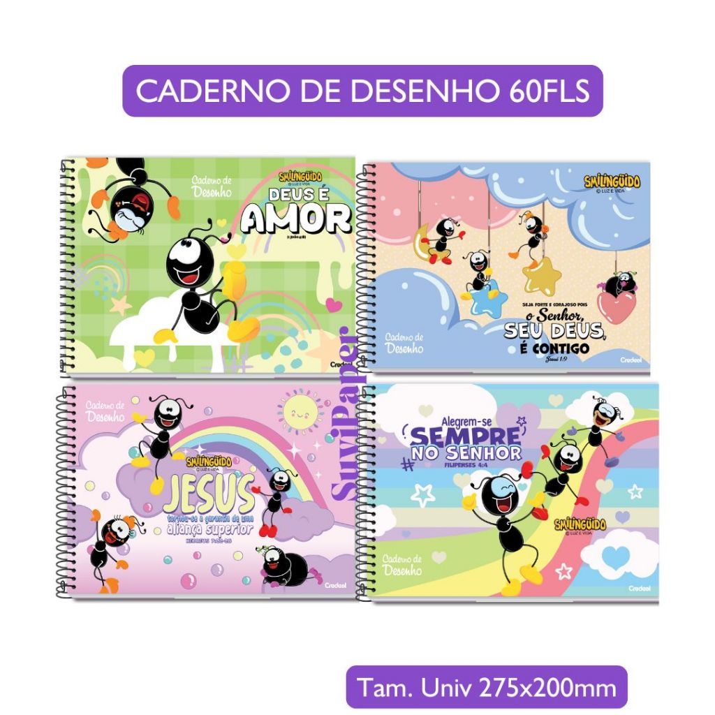 Caderno de Cartografia e Desenho Smilingüido - Credeal Coleção 2026 60 folhas Infantil Cristão Versículos Smilinguido