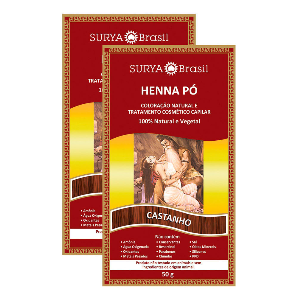 Kit 2 Henna Surya Pó 100% Natural Cor Castanho 50g em Oferta na Shopee