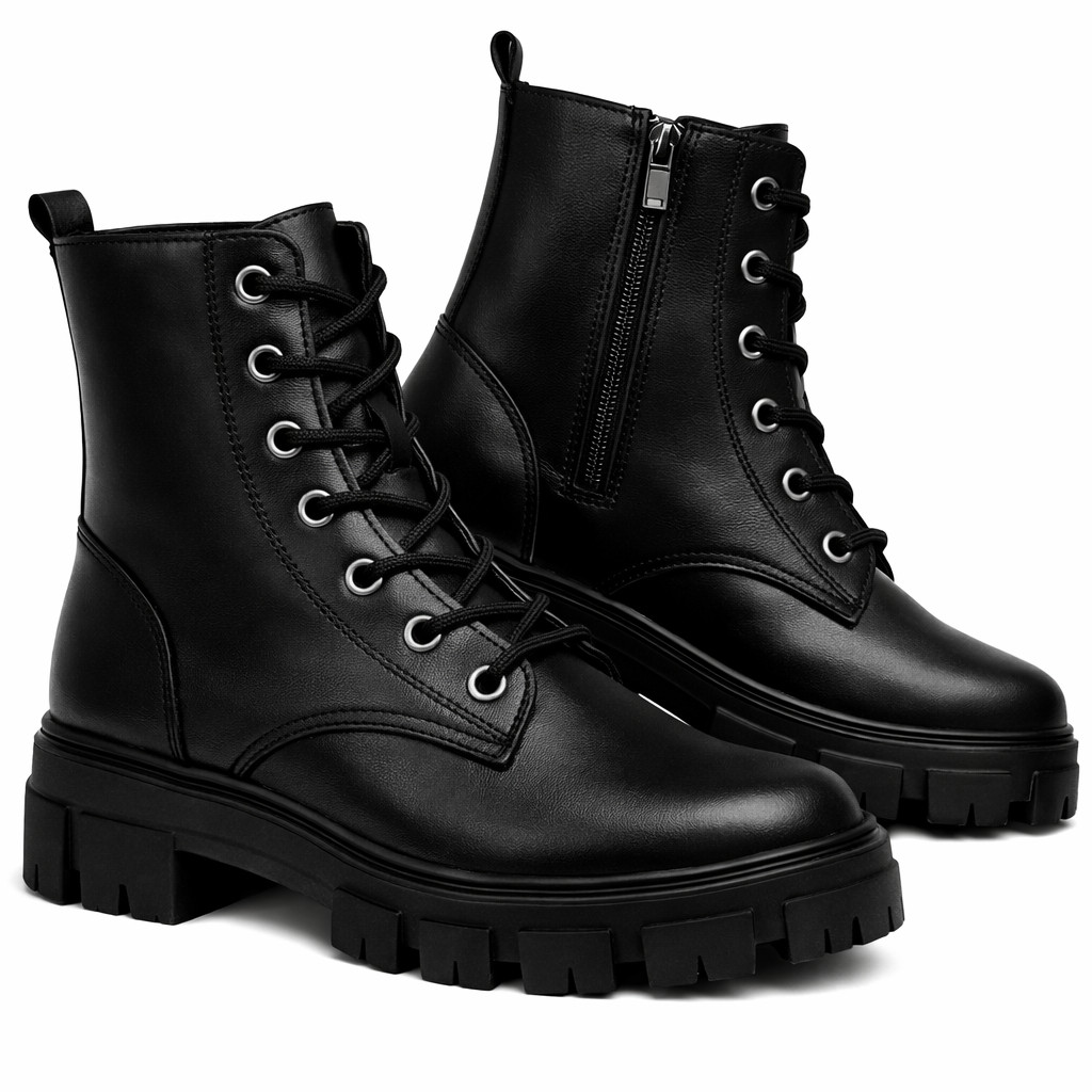 Bota Coturno Feminina Casual Tratorada Preta
