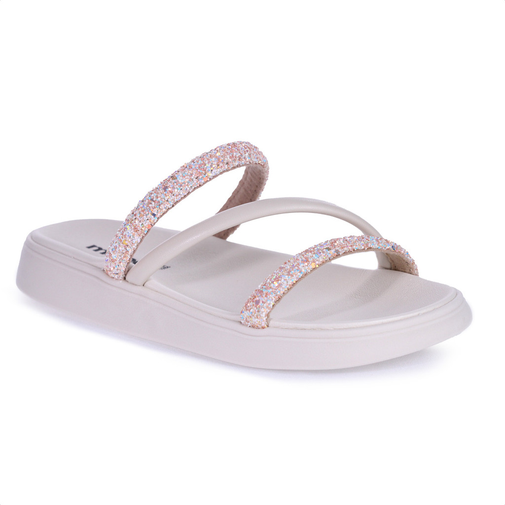 Sandália Moleca Tira Tripla Glitter Branco e Rosa - Feminino