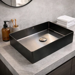Cuba Retangular Sobrepor Banheiro Aço Inox 304 Preta Válvula Click