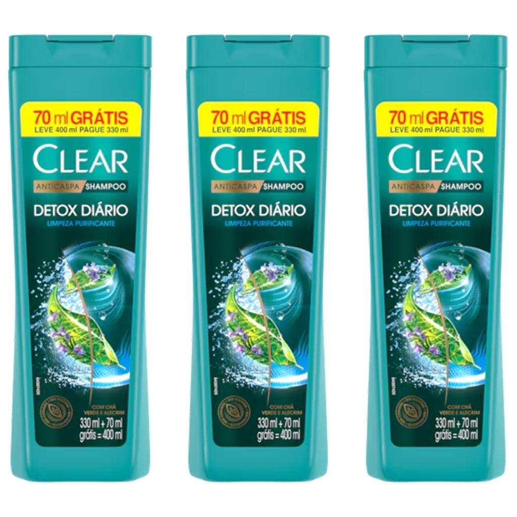 KIT 3 Shampoo Clear Detox Diário Anticaspa 400ml Limpeza Profunda