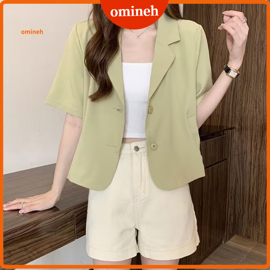 Casaco De Negócios Solto Ajuste Terno Jaqueta Feminina Verão Manga Curta Lapela Blazer Com Bolsos Cor Sólida Para Escritório E C