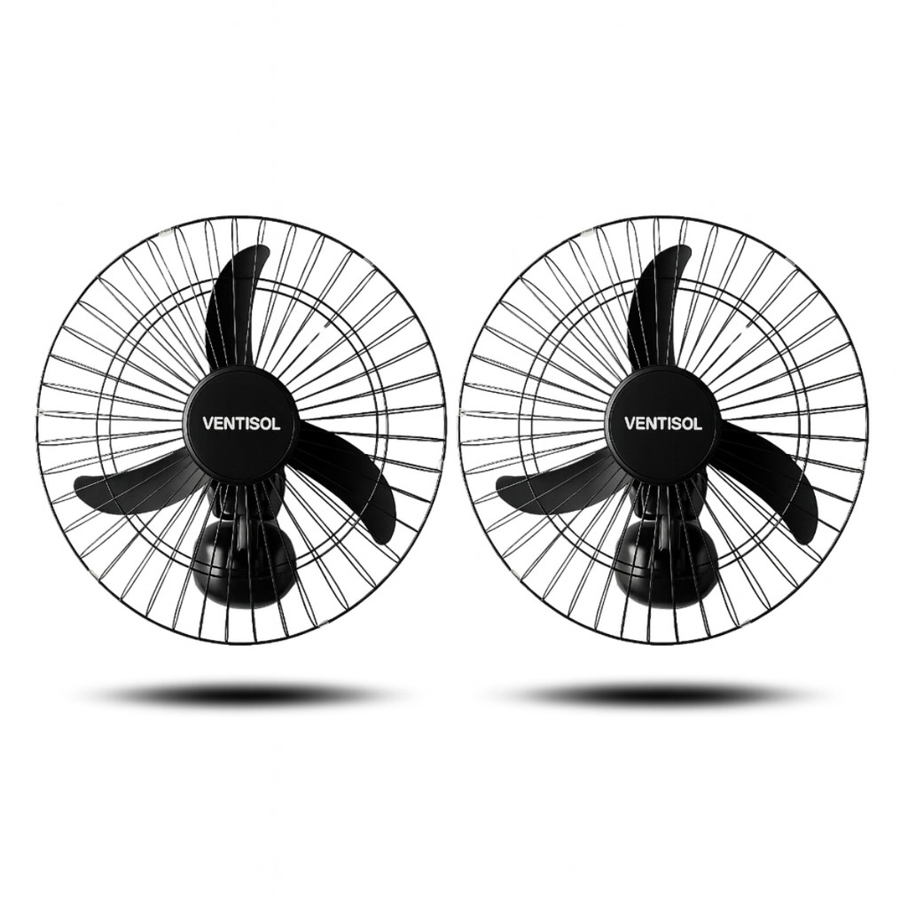 Kit 2 Ventilador Parede Ventisol Preto Bivolt 110v 220v Oscilante 3 Pás 200w 60cm Regulável Potente