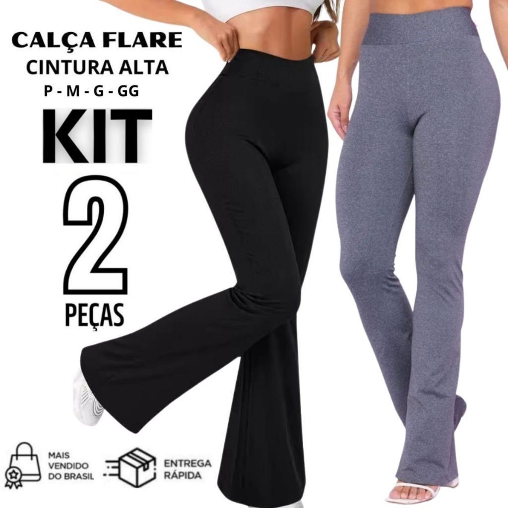 Kit 2 Calça Legging Flare Feminina Cintura Alta Boca de Sino Bailarina Premium em Oferta na Shopee