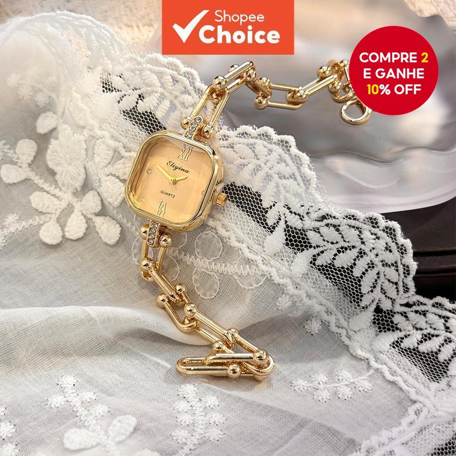 Relógio de Quartzo Feminino Luxo, Pulseira Única com Vidro Corte Quadrado e Fecho de Lagosta, Tamanho Médio, Acessórios em Oferta na Shopee