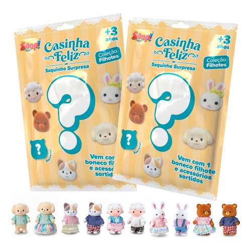 Kit 2 Brinquedo Surpresa Casinha Feliz Filhote Boneco Acessório