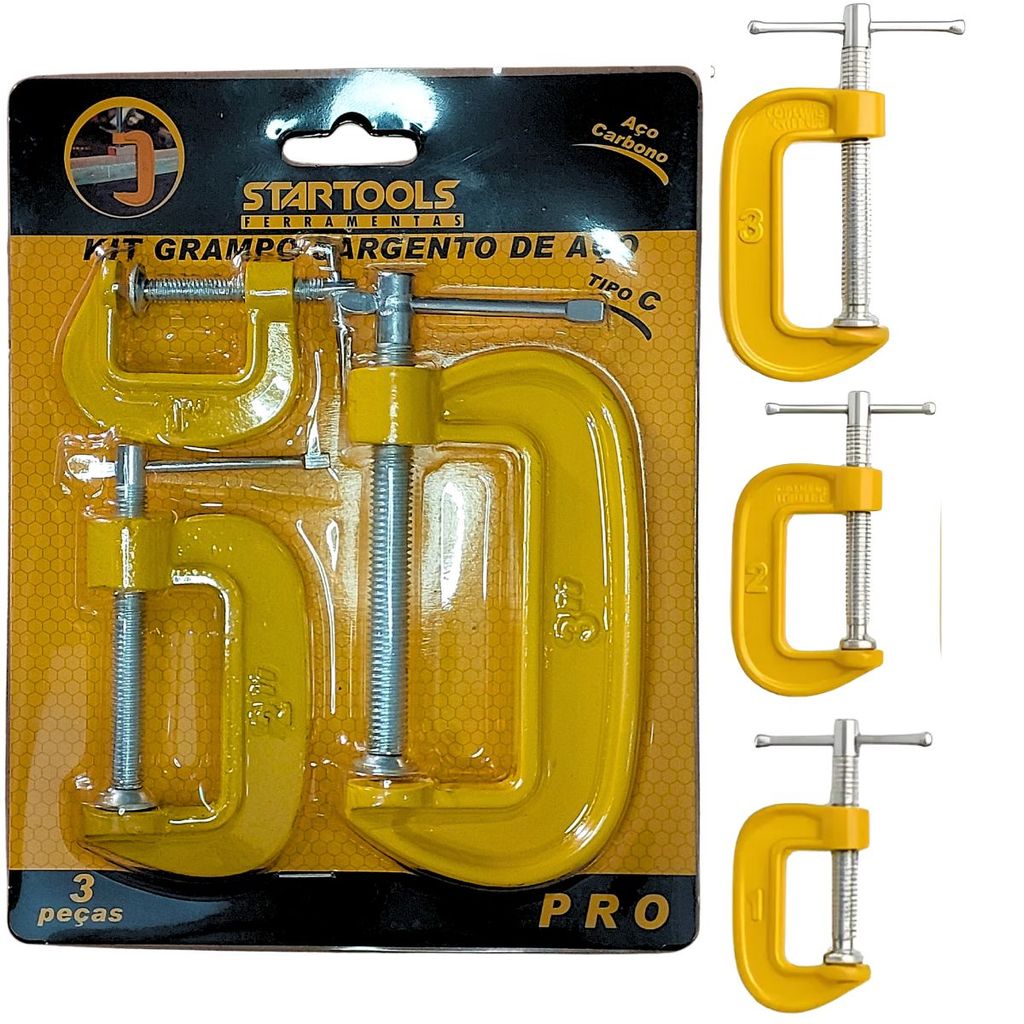 Kit Jogo De Grampos Sargento Aço Tipo C 3Pçs 1 a 3 Polegadas