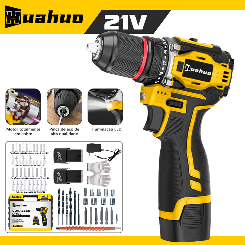 【110V/220V】Parafusadeira Furadeira 21V 2 Baterias Sem Fio Impacto Com Maleta Completo em Oferta na Shopee