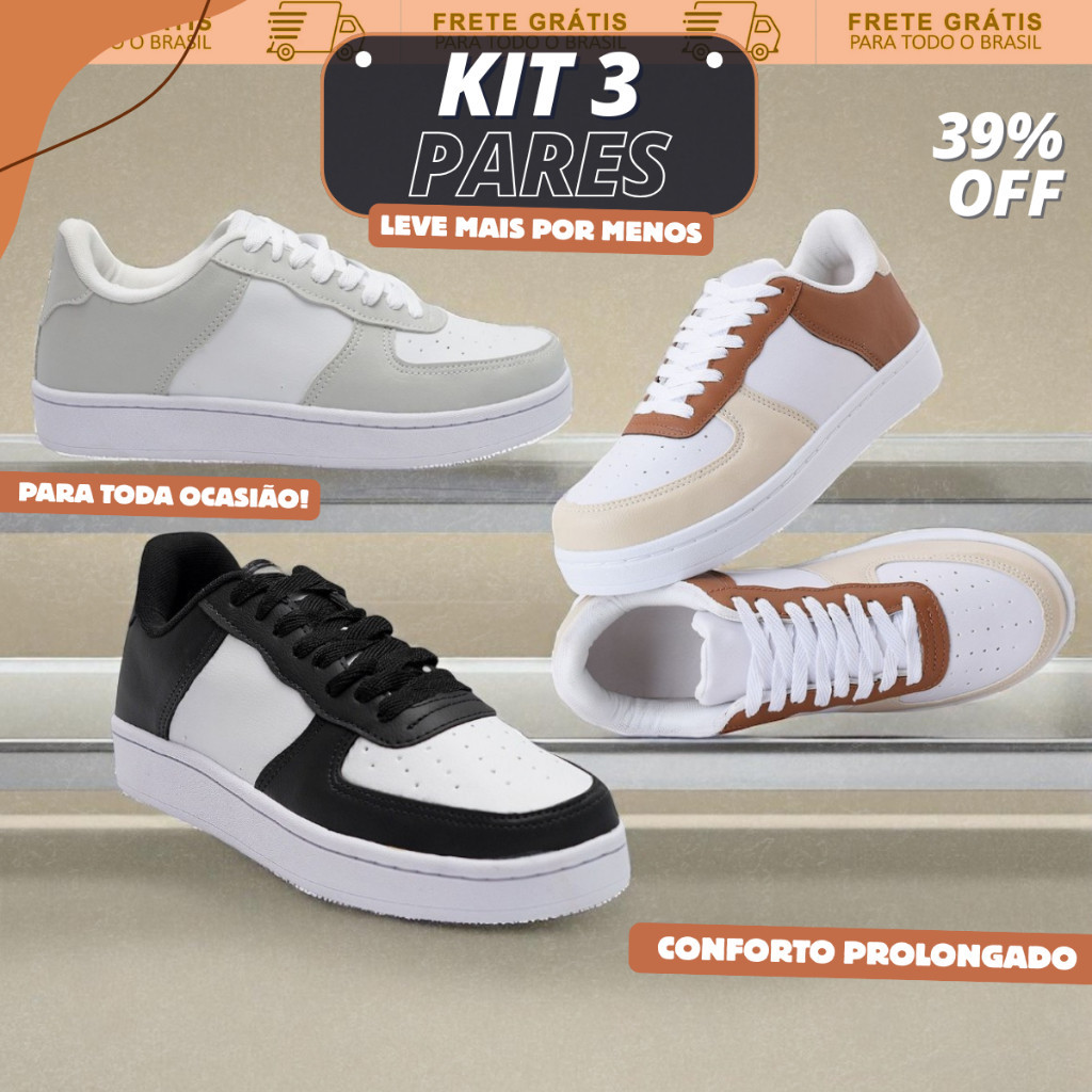 KIT 3 PARES - Tênis Casual Feminino Masculino Direto da Fábrica 34 ao 43  - Envio Rápido + Promoção