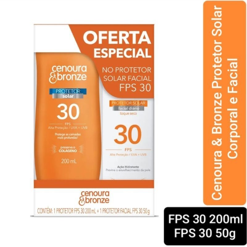 Cenoura e Bronze Kit Protetor Solar Corpo FPS 30 200ml + Facial FPS 30 50g em Oferta na Shopee