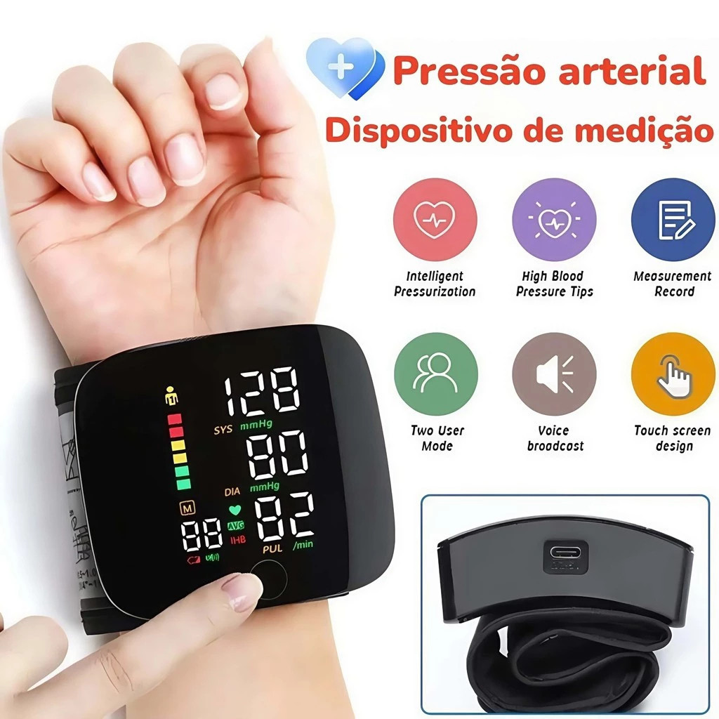 Monitor De Pressão Arterial De Pulso Recarregável Alta BP Esfigmomanômetro