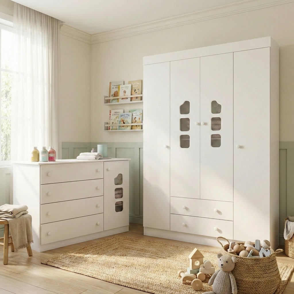 Quarto Infantil Guarda-Roupa 4 Portas e Cômoda 4 Gavetas 100% MDF Lívia Branco