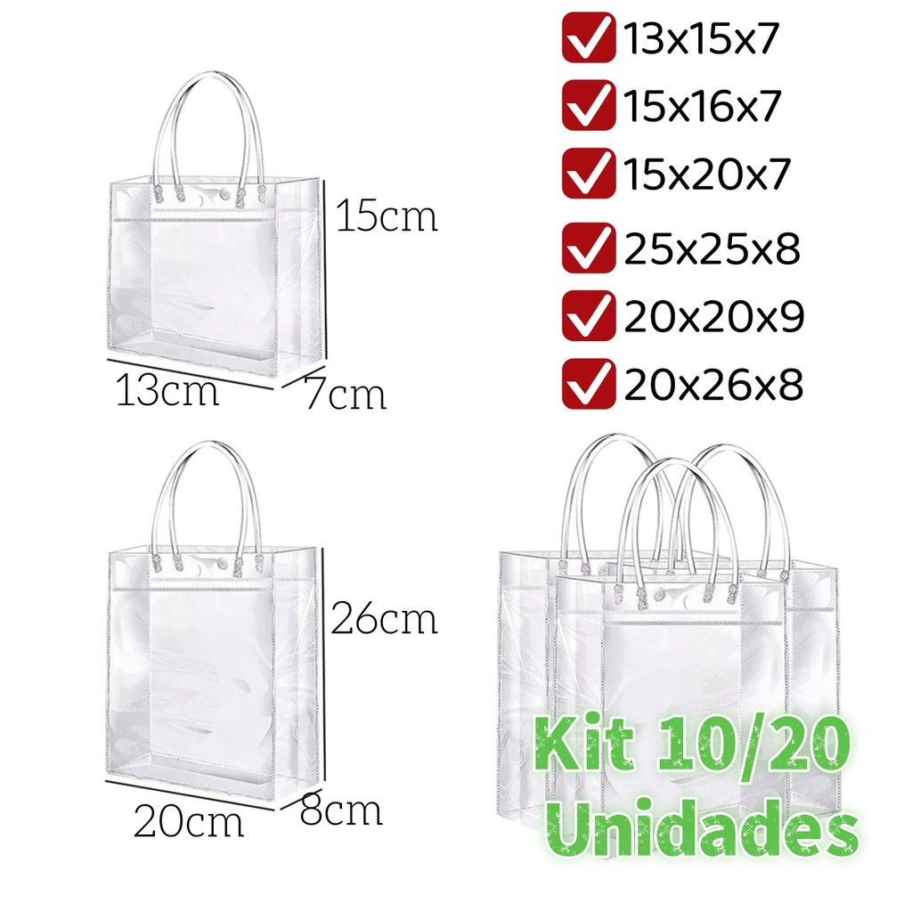 Sacola Presente PVC Transparente c/ Alça | Reutilizável | 10 ou 20 Un | 6 Tamanhos em Oferta na Shopee