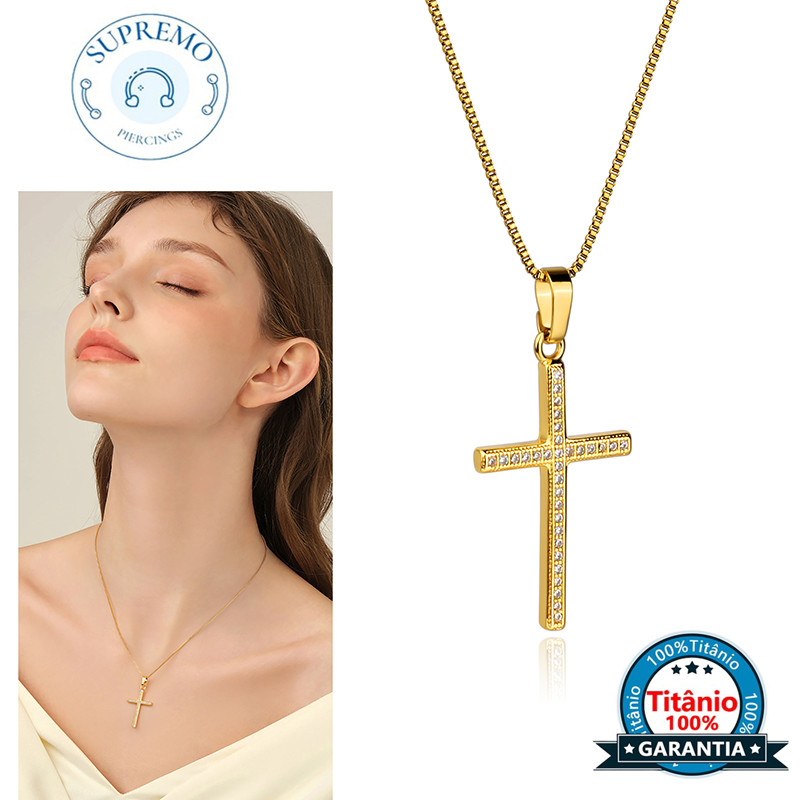 Colar Pingente Moda Cruz Folheado Ouro 18k Com Zircônias Feminino Jóias Acessórios De Presente De Feriado