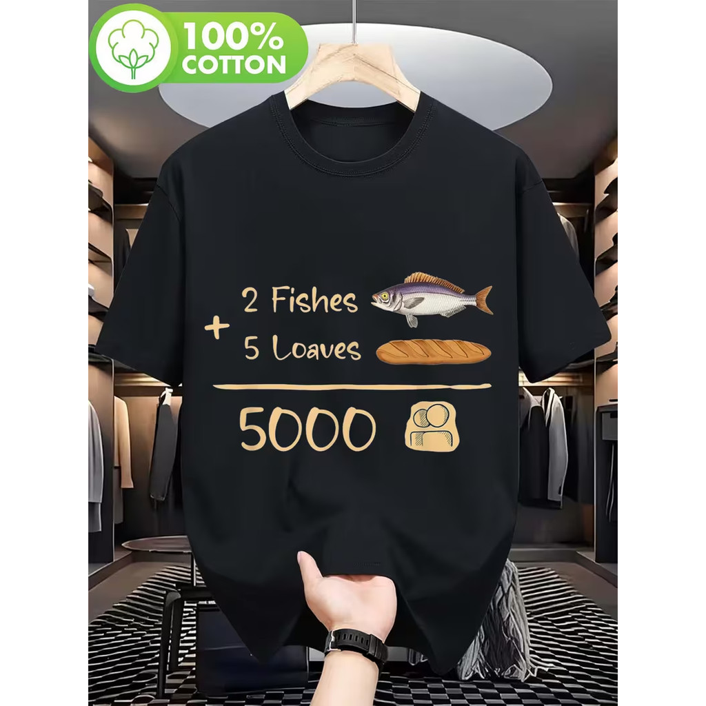 Camiseta 2026 T-shirt Camiseta Unissex 5000 Loaves Bread 2 Fish Christian Gift Graphic Black White Print Casual Confortá