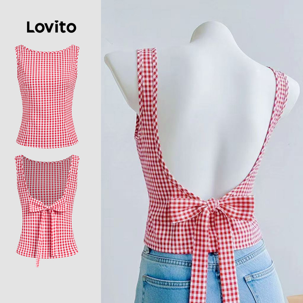 Lovito  Casual Top Laço Costas Padrão Requintado Top Vermelho Primavera/verão para Mulheres L177ED389 em Oferta na Shopee