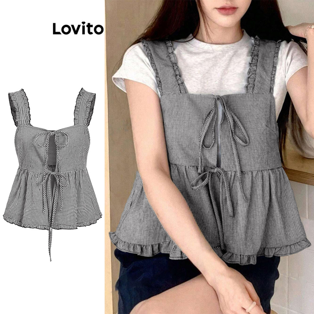 Lovito Regata Casual Com Gravata Guingão E Estrutura Frontal Regata Para Mulheres L95ED349-2 em Oferta na Shopee