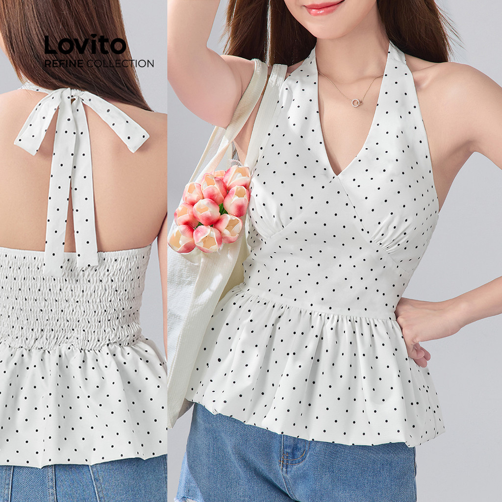 (Lovito Refine) Top Casual Com Babados Na Bainha Primavera/Verão Preto E Branco Para Mulheres LR12A232 em Oferta na Shopee