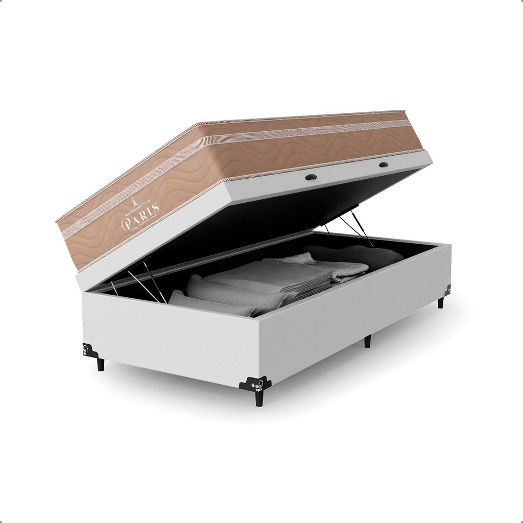 Cama Box Baú Solteiro Branco + Colchão Paris Molas Ensacadas