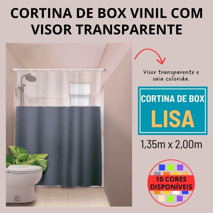 Cortina de Box Banheiro Impermeável Antimofo Vinil Lisa Com Visor Retangular 1,35x2,00M Plastleo