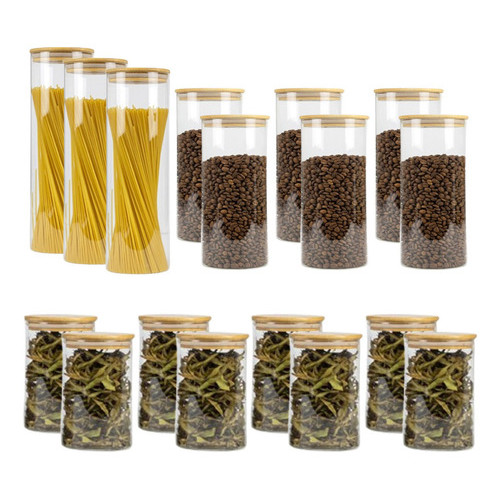 Kit 17 Potes Herméticos Vidro Borossilicato Com Tampa de Bambu Mantimentos Porta Cereais Macarrão Conserva Café Macarrão