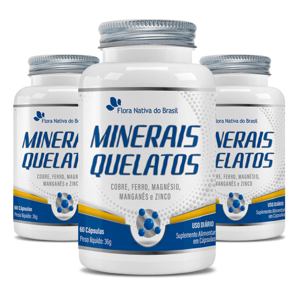 Kit 3x Minerais Quelatos (Cobre, Ferro, Magnésio, Manganês e Zinco) 60 Cápsulas Cada - Flora Nativa