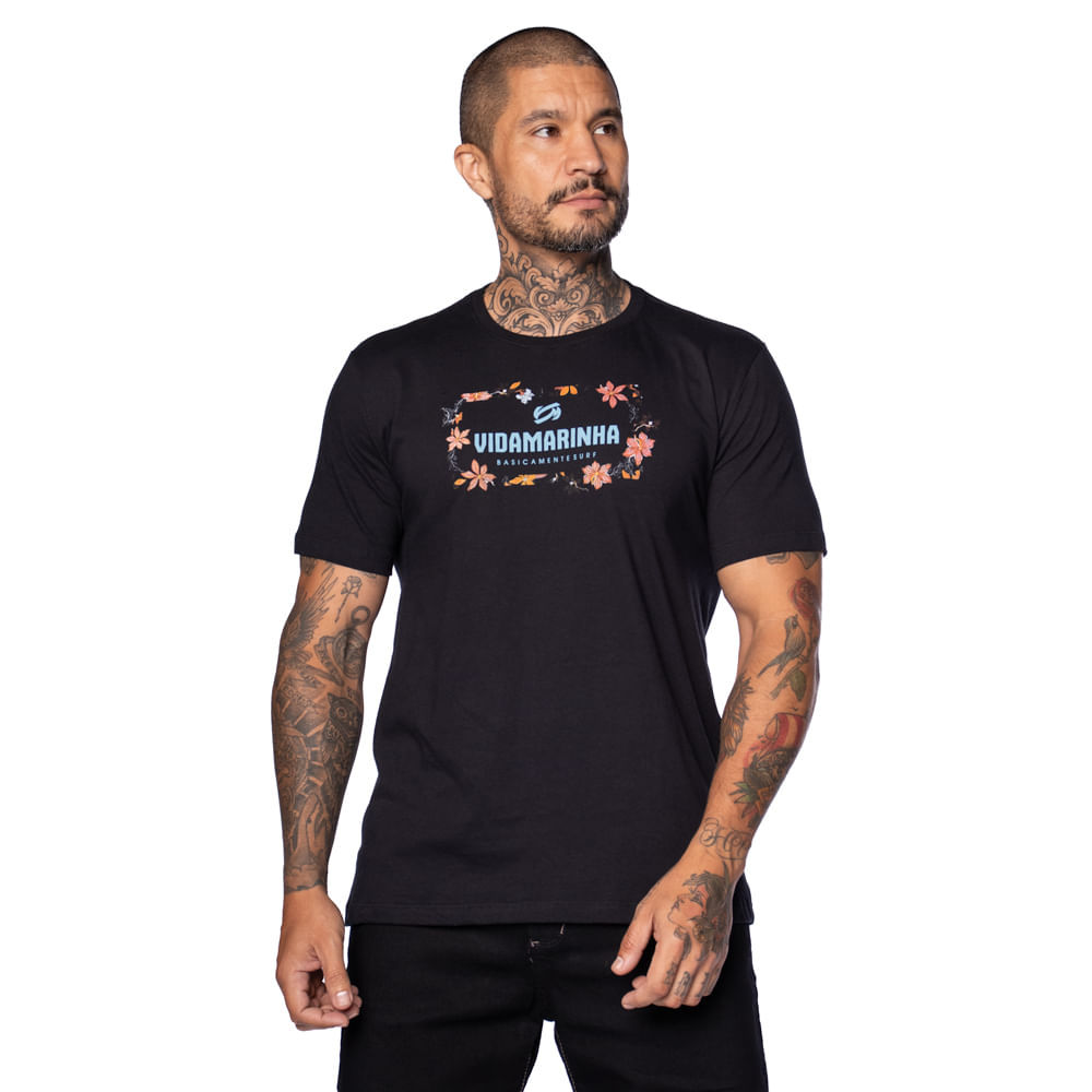 Camiseta Masculina Vida Marinha Estampa Floral Preto