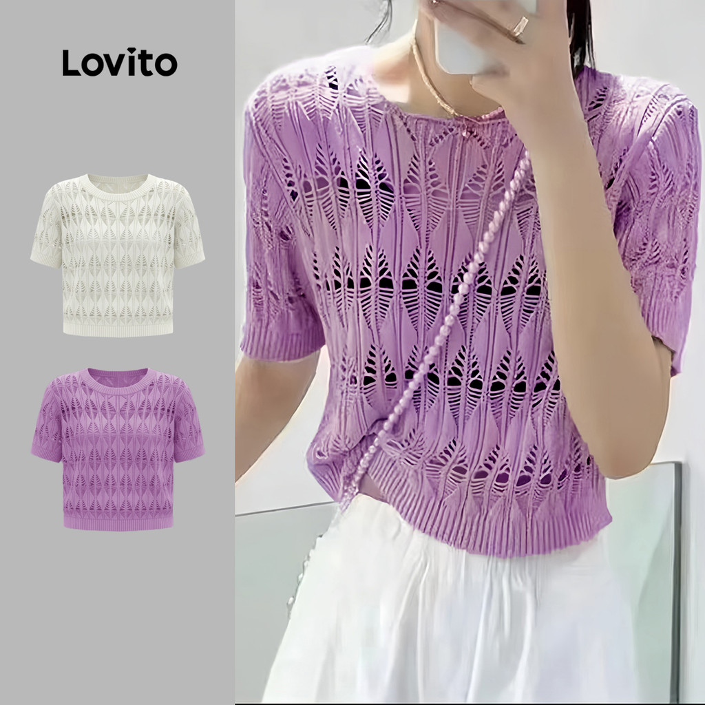 Lovito  Top de Malha Branco para Primavera/verão com Padrão Oco e Casual para mulheres. LNE134117 em Oferta na Shopee