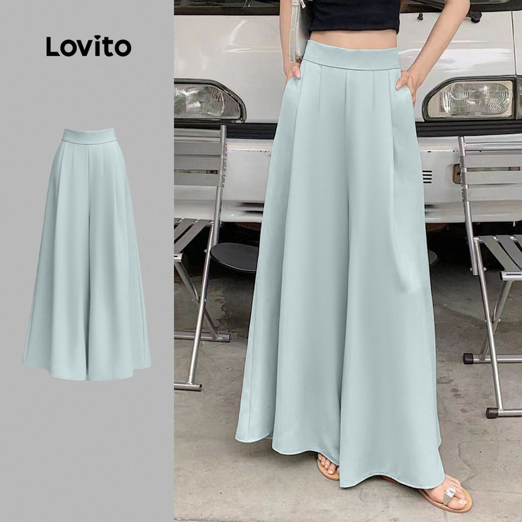 Lovito Calça Elegante Plissada Azul Claro Primavera/verão para Mulheres LNE130029 em Oferta na Shopee