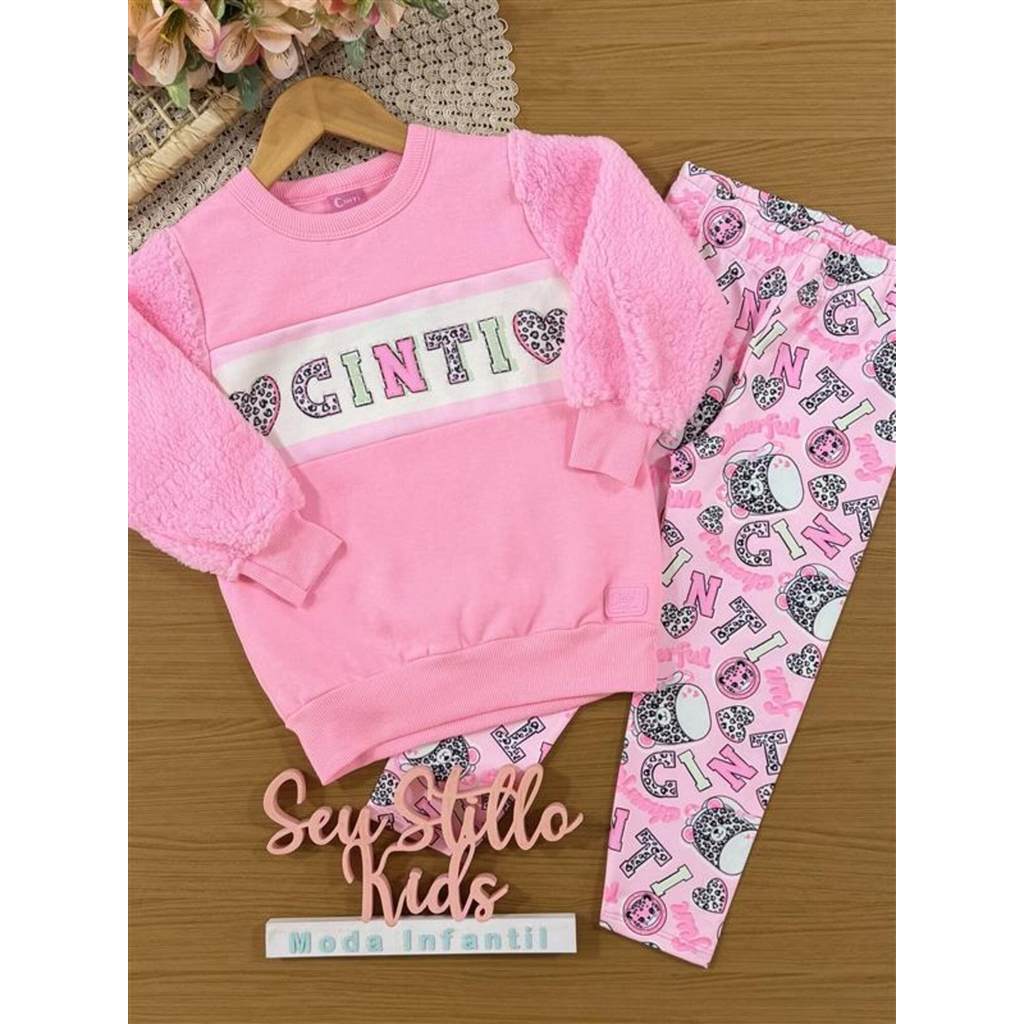 Conjunto Infantil Cinti Inverno com Calça Legging e Moletom Flanelado Rosa Coração Strass