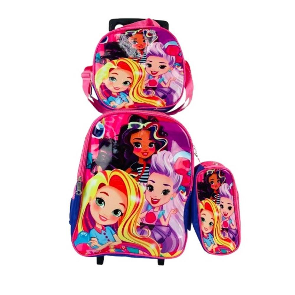 KIT MOCHILA INFANTIL COM RODINHAS MENINAS PRINCESAS BOLSA ESCOLAR ESTOJO E LANCHEIRA TÉRMICA ROSA CARRINHO IMPERMEAVEL