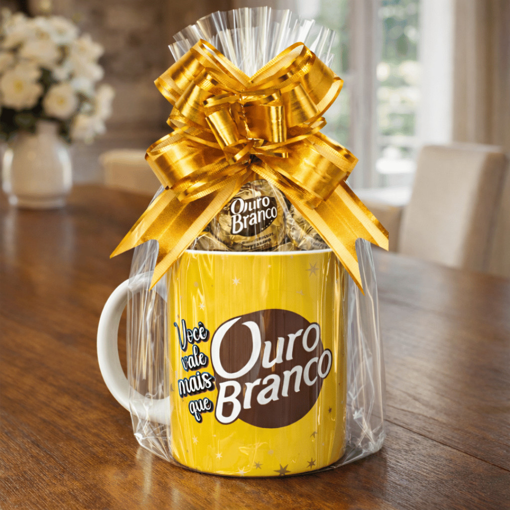 Kit Cesta Presente com Chocolate Ouro Branco Personalizado – Caneca + Bombons + Laço