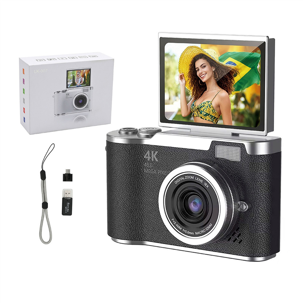 Câmera Digital 4K 48MP Retrô com Tela Giratória LCD Zoom 16X Vlog Foto e Vídeo HD Portátil