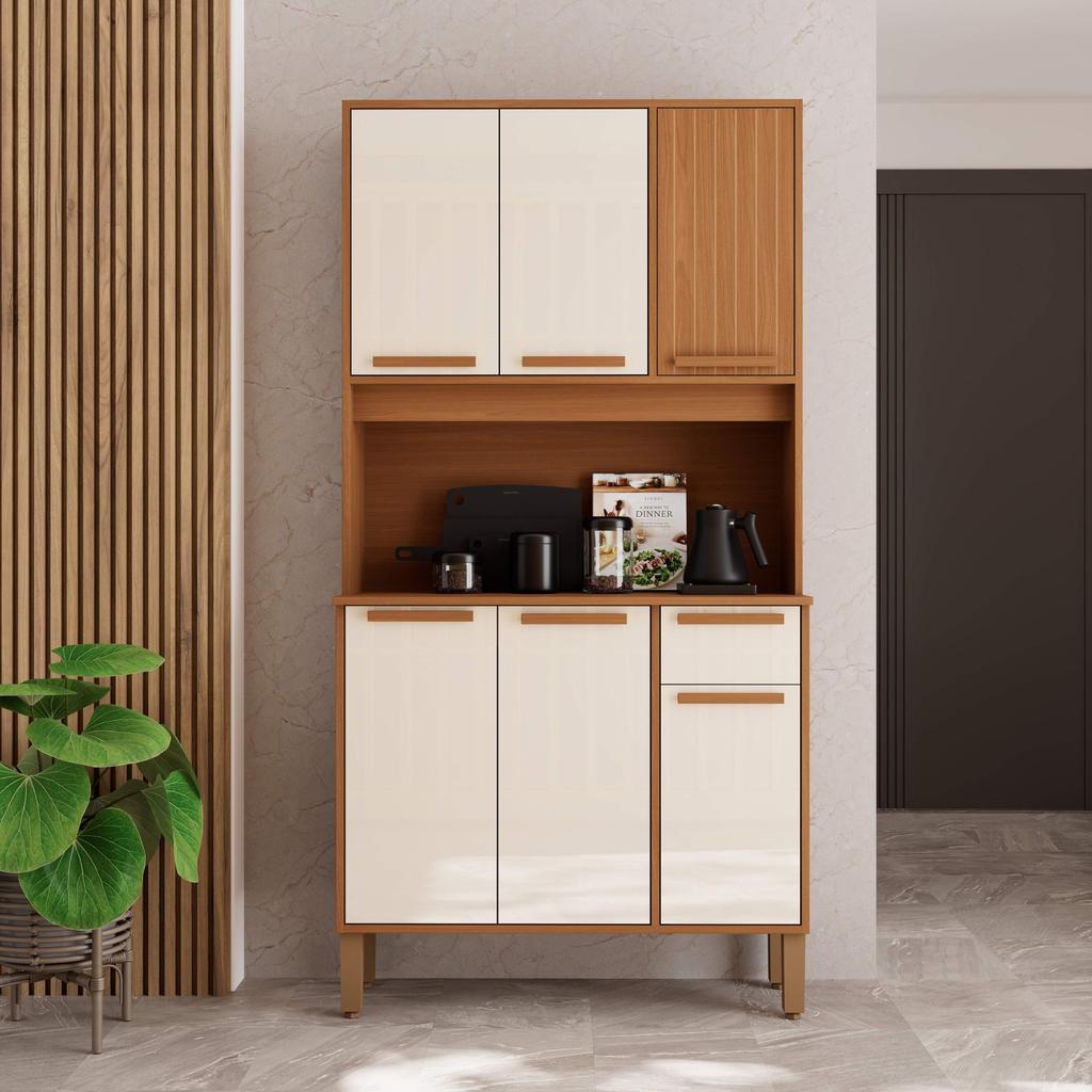 Armário De Cozinha Compacta Fidelitá Bari 90cm 6 Portas 1 Gaveta Com Tampo e Fundo Freijó/Off-White