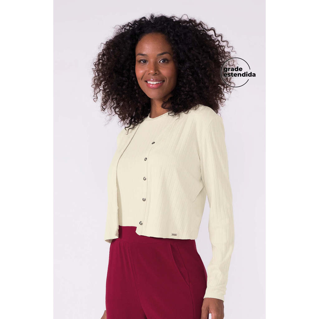 Conjunto Feminino Cardigan e Regata Canelado Marialícia	 Bege