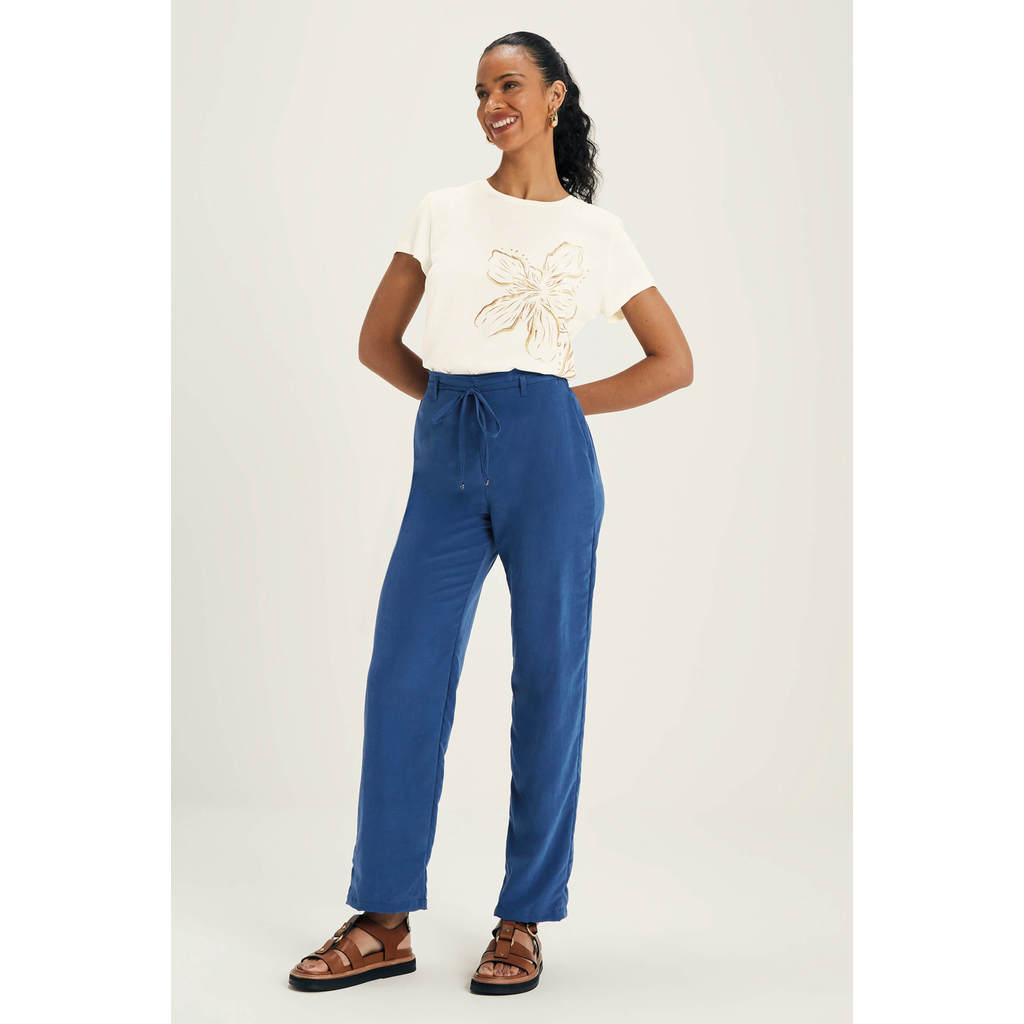 Calça Feminina Tecido Acetinado Marialícia Azul