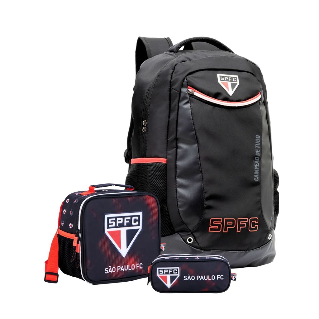 Kit Conjunto Escolar Juvenil Infantil Menino Futebol Time São Paulo SPFC Tricolor Mochila Costas + Lancheira + Estojo