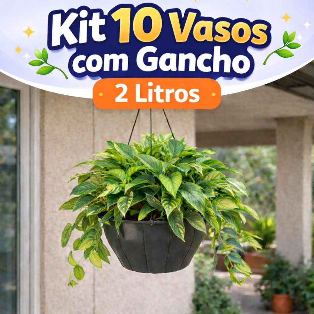 Kit 10 Vasos 2L Gancho Suspenso Plástico Reforçado Jardim Varanda Plantas Samambaia Flores Durável