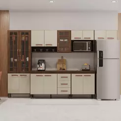 Cozinha Modulada Completa Fidelitá Lisboa 6 Peças 330cm 15 Portas 3 Gavetas Com Tampo Noce/Off-White
