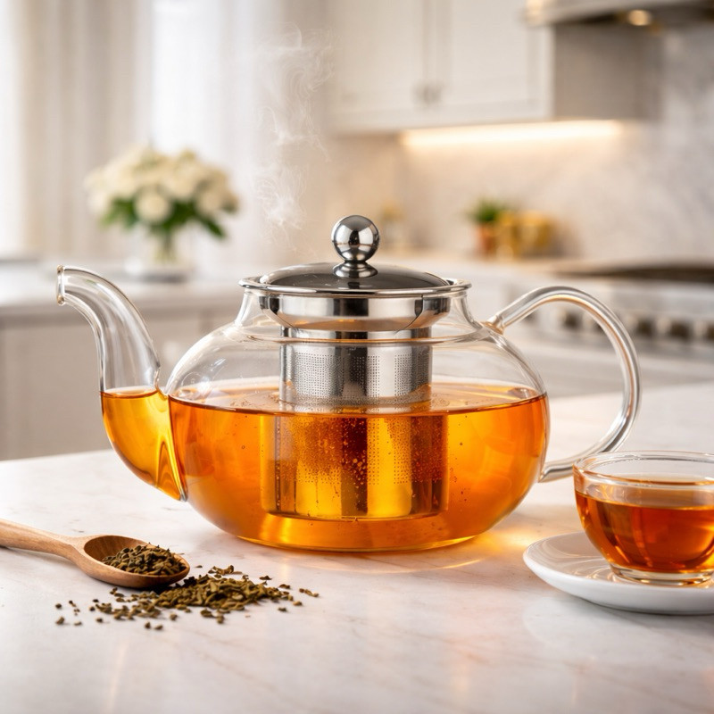 Chaleira de Vidro Borossilicato 600ml Com Tampa e Infusor de Aço Inox Bule Para Chá