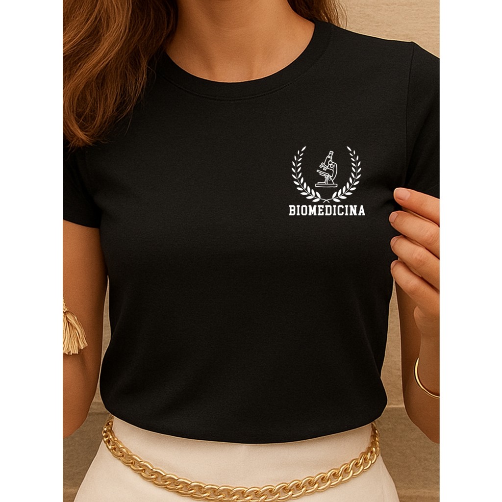 Blusa Feminina Baby look 100% Algodão Leve e Macio Curso Faculdade Biomedicina Brasão Micro
